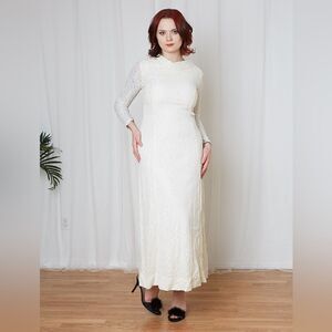 Vintage 60s 70s Ivory Lace Cowl Neck Gown Wedding S 